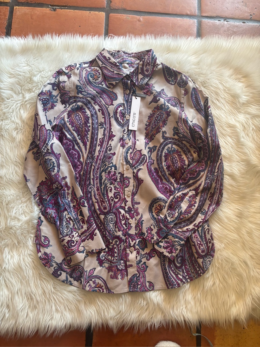 Chico's Purple Paisley Button-Front Shirt on Cream Base